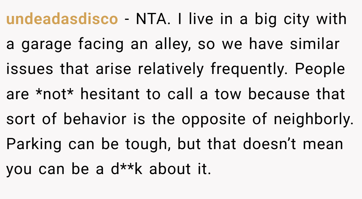 undeadasdisco - NTA. I live in a big city with a garage facing an alley, so we have similar issues that arise relatively frequently. People are *not* hesitant to call a tow because that sort of behavior is the opposite of neighborly. Parking can be tough, but that doesn’t mean you can be a d**k about it.
