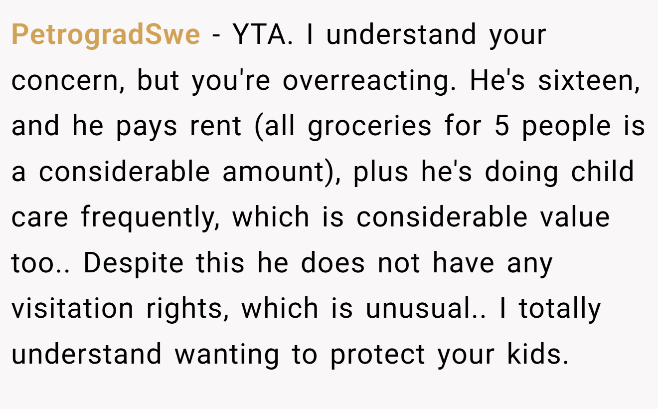 PetrogradSwe − YTA. I understand your concern, but you're overreacting. He's sixteen, and he pays rent (all groceries for 5 people is a considerable amount), plus he's doing child care frequently, which is considerable value too.. Despite this he does not have any visitation rights, which is unusual.. I totally understand wanting to protect your kids.