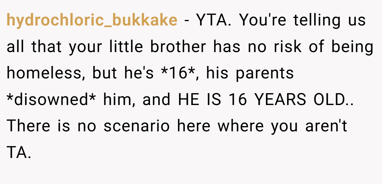 hydrochloric_bukkake − YTA. You're telling us all that your little brother has no risk of being homeless, but he's *16*, his parents *disowned* him, and HE IS 16 YEARS OLD.. There is no scenario here where you aren't TA.