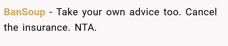 BanSoup − Take your own advice too. Cancel the insurance. NTA.
