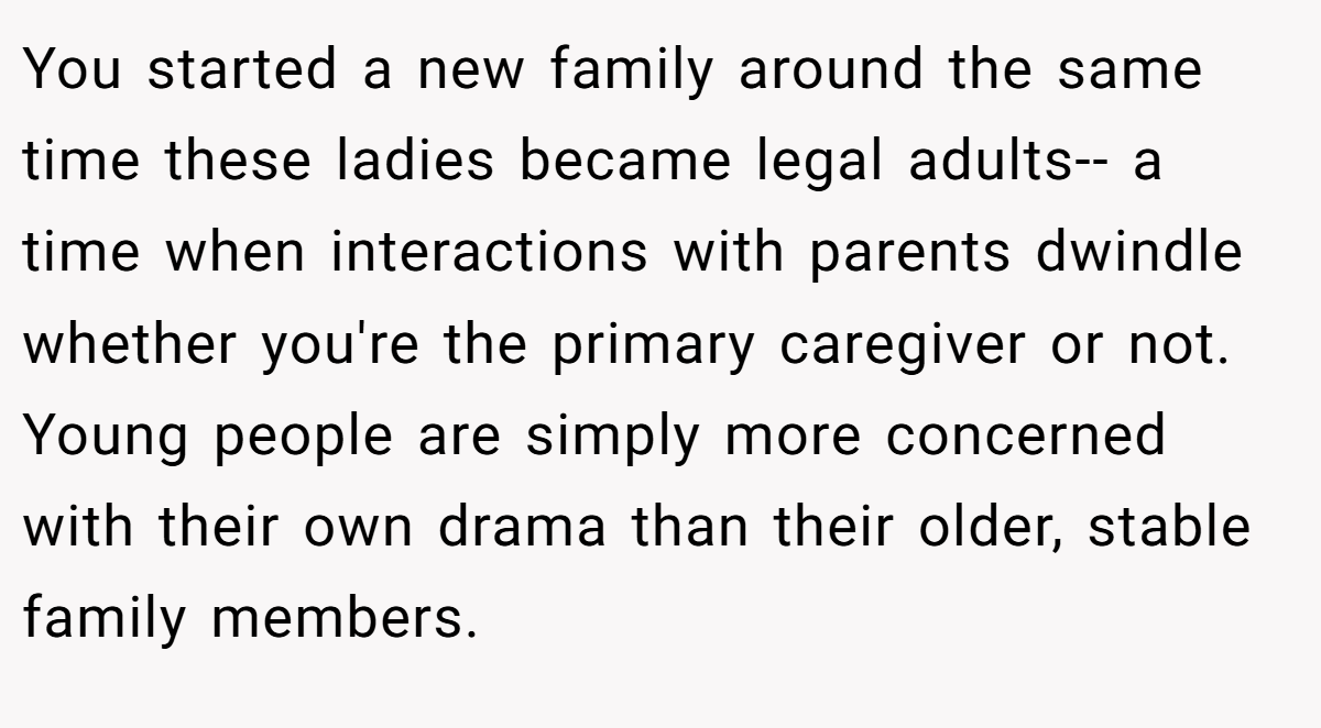 You started a new family around the same time these ladies became legal adults-- a time when interactions with parents dwindle whether you're the primary caregiver or not. Young people are simply more concerned with their own drama than their older, stable family members.