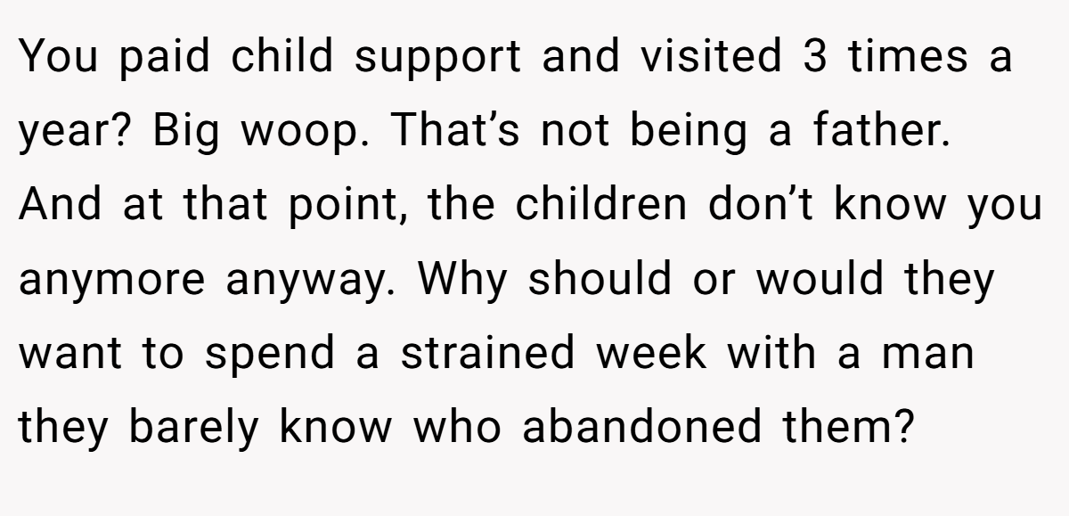 You paid child support and visited 3 times a year? Big woop. That’s not being a father. And at that point, the children don’t know you anymore anyway. Why should or would they want to spend a strained week with a man they barely know who abandoned them?