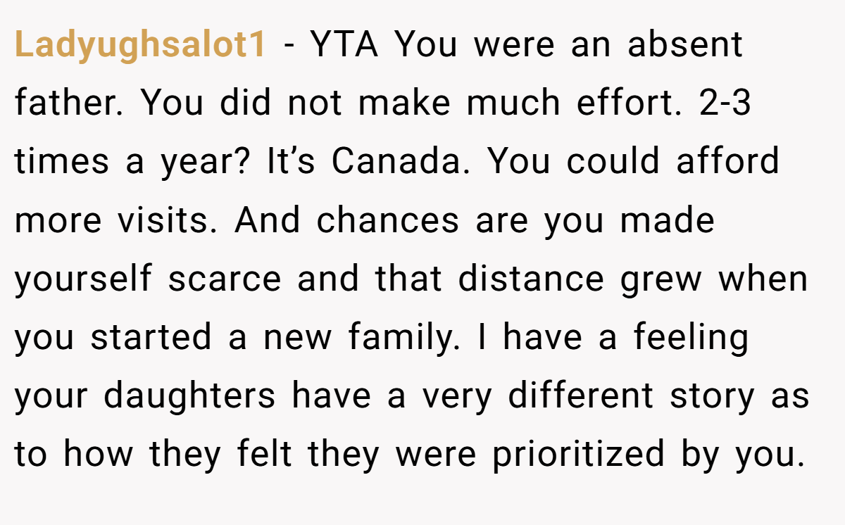 Ladyughsalot1 − YTA You were an absent father. You did not make much effort. 2-3 times a year? It’s Canada. You could afford more visits. And chances are you made yourself scarce and that distance grew when you started a new family. I have a feeling your daughters have a very different story as to how they felt they were prioritized by you.