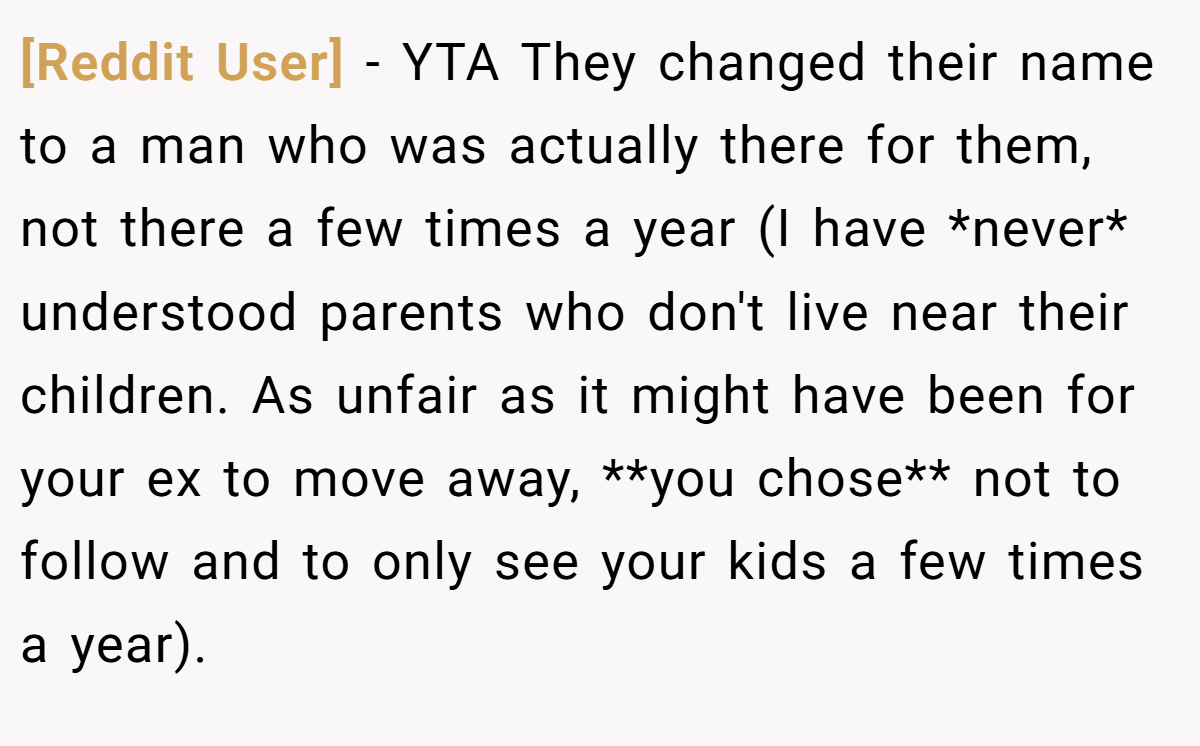 [Reddit User] − YTA They changed their name to a man who was actually there for them, not there a few times a year (I have *never* understood parents who don't live near their children. As unfair as it might have been for your ex to move away, **you chose** not to follow and to only see your kids a few times a year).
