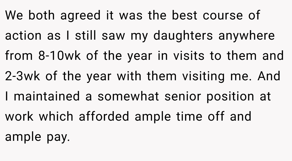 We both agreed it was the best course of action as I still saw my daughters anywhere from 8-10wk of the year in visits to them and 2-3wk of the year with them visiting me. And I maintained a somewhat senior position at work which afforded ample time off and ample pay.