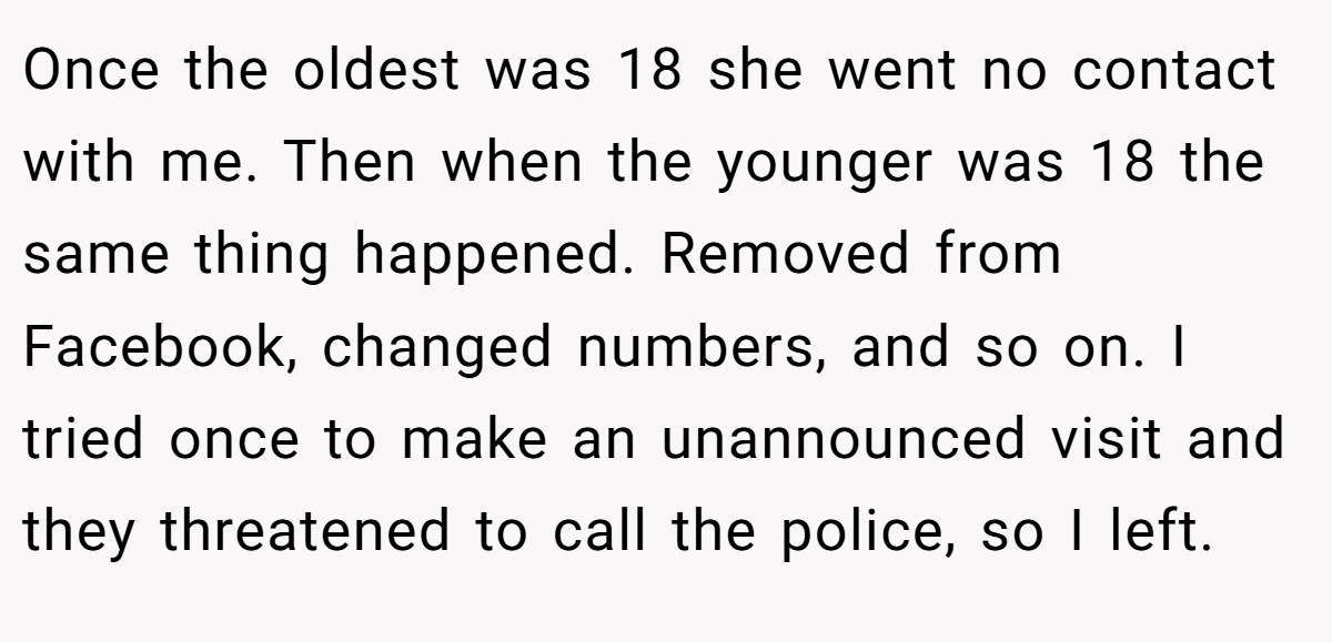 Once the oldest was 18 she went no contact with me. Then when the younger was 18 the same thing happened. Removed from Facebook, changed numbers, and so on. I tried once to make an unannounced visit and they threatened to call the police, so I left.