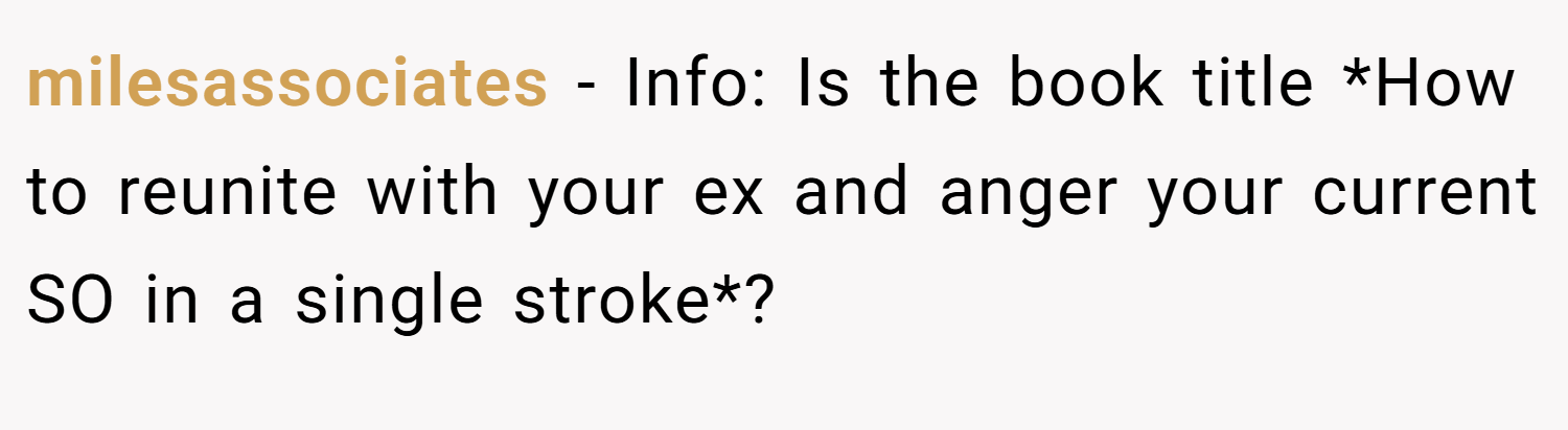 milesassociates − Info: Is the book title *How to reunite with your ex and anger your current SO in a single stroke*?