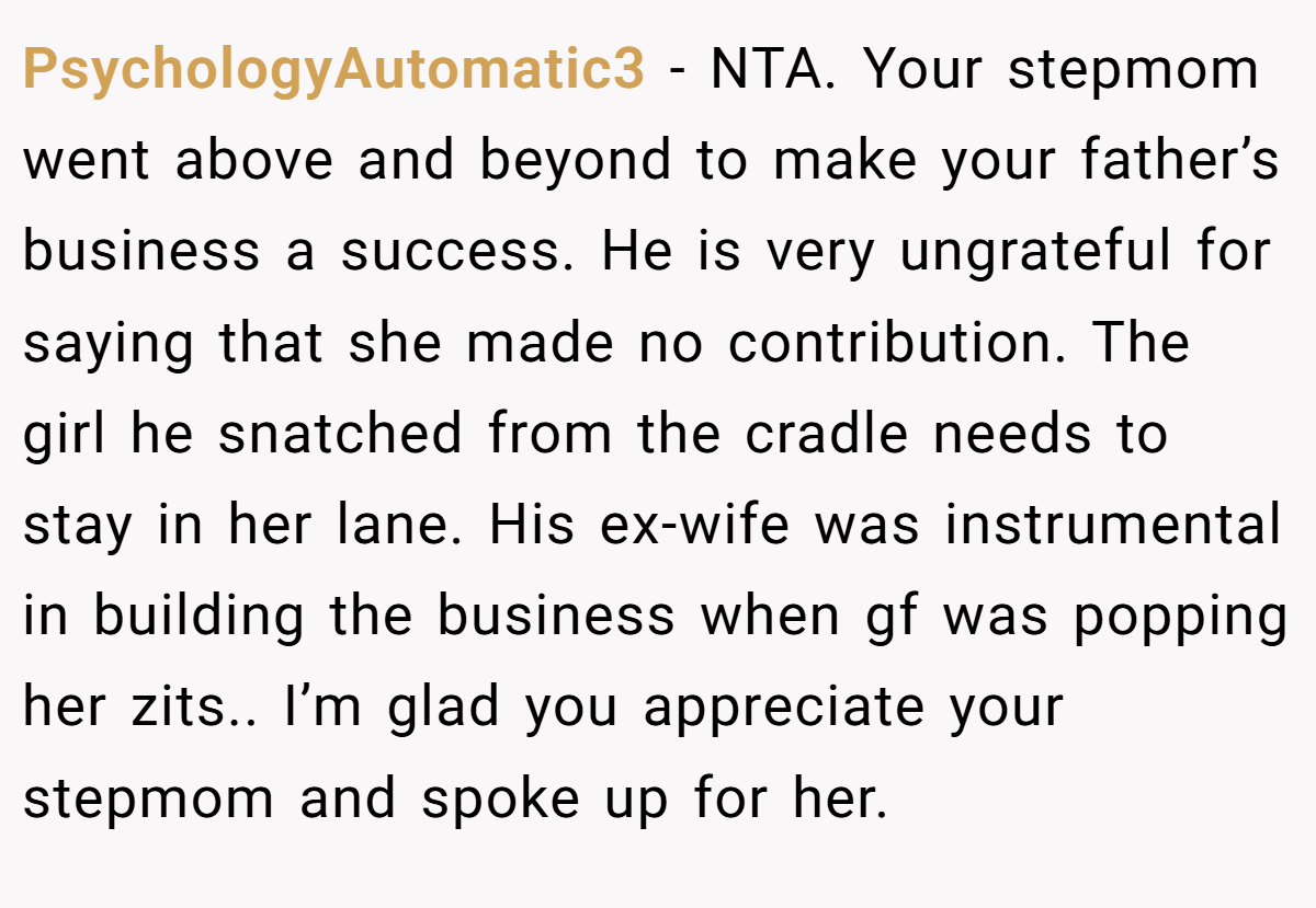 PsychologyAutomatic3 − NTA. Your stepmom went above and beyond to make your father’s business a success. He is very ungrateful for saying that she made no contribution. The girl he snatched from the cradle needs to stay in her lane. His ex-wife was instrumental in building the business when gf was popping her zits.. I’m glad you appreciate your stepmom and spoke up for her.