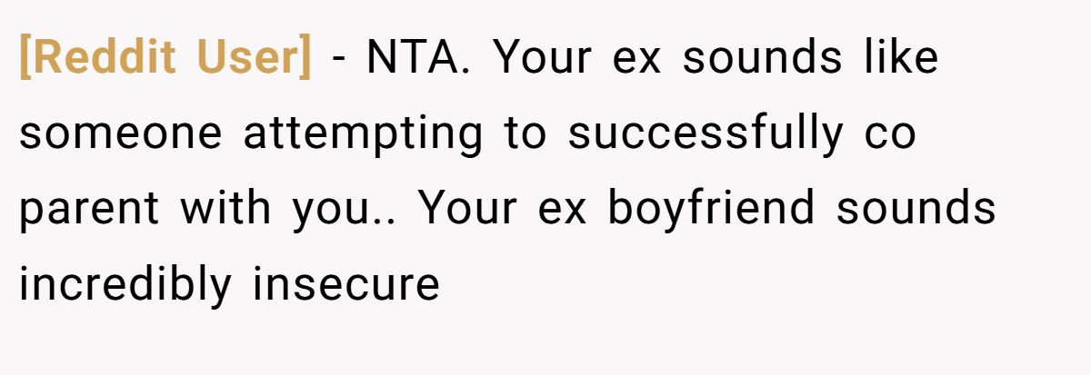 [Reddit User] − NTA. Your ex sounds like someone attempting to successfully co parent with you.. Your ex boyfriend sounds incredibly insecure