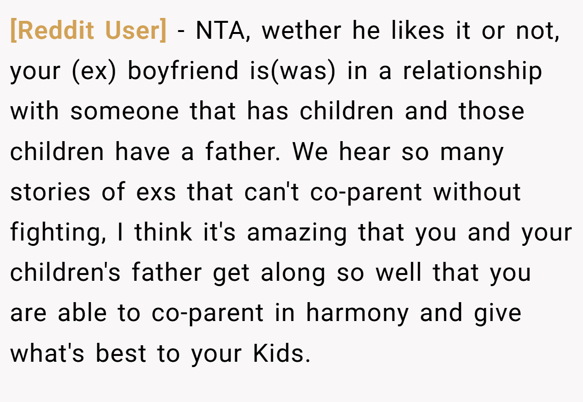 [Reddit User] − NTA, wether he likes it or not, your (ex) boyfriend is(was) in a relationship with someone that has children and those children have a father. We hear so many stories of exs that can't co-parent without fighting, I think it's amazing that you and your children's father get along so well that you are able to co-parent in harmony and give what's best to your Kids.
