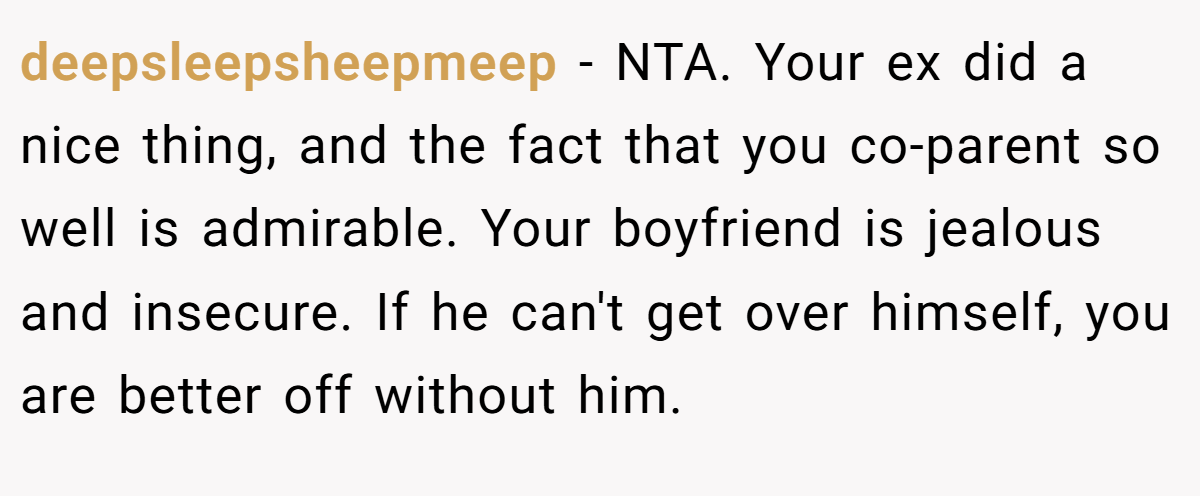 deepsleepsheepmeep − NTA. Your ex did a nice thing, and the fact that you co-parent so well is admirable. Your boyfriend is jealous and insecure. If he can't get over himself, you are better off without him.