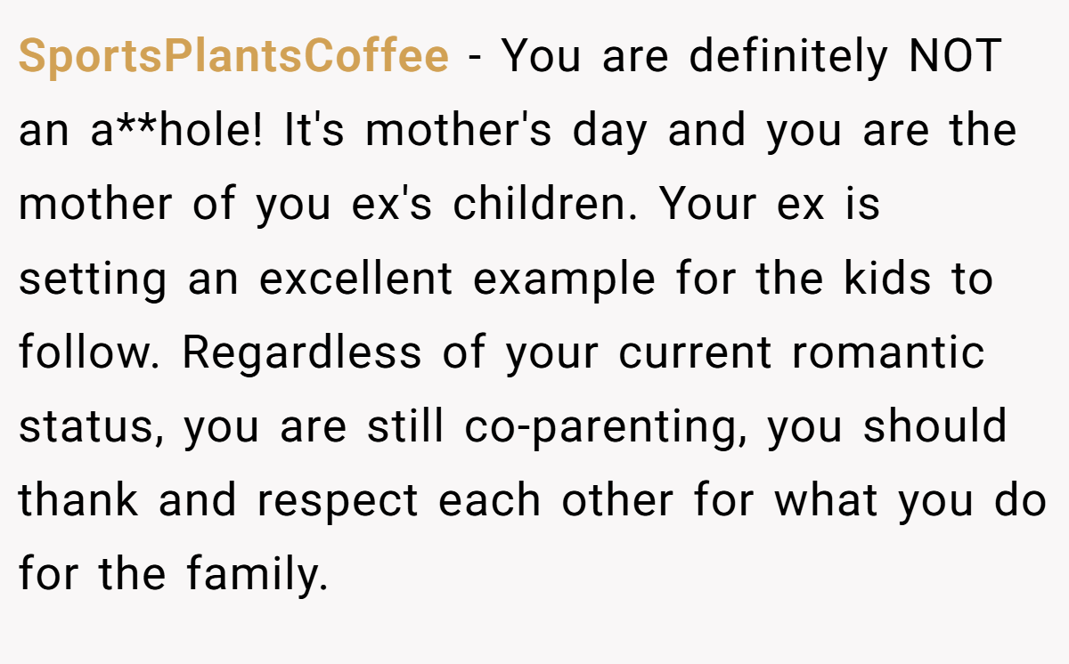 SportsPlantsCoffee − You are definitely NOT an a**hole! It's mother's day and you are the mother of you ex's children. Your ex is setting an excellent example for the kids to follow. Regardless of your current romantic status, you are still co-parenting, you should thank and respect each other for what you do for the family.