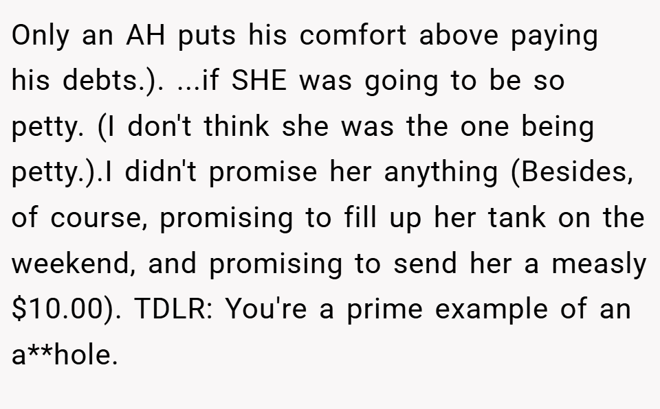 Only an AH puts his comfort above paying his debts.). ...if SHE was going to be so petty. (I don't think she was the one being petty.).I didn't promise her anything (Besides, of course, promising to fill up her tank on the weekend, and promising to send her a measly $10.00). TDLR: You're a prime example of an a**hole.