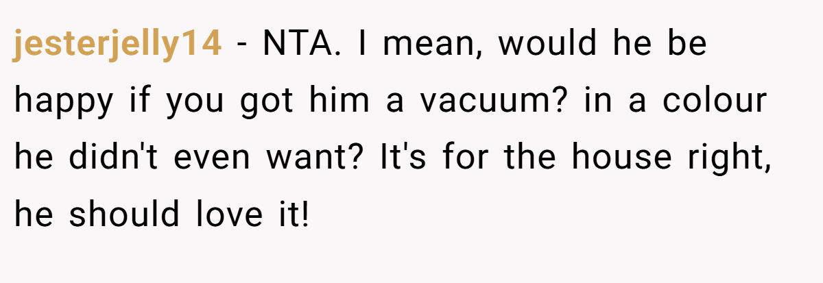 jesterjelly14 − NTA. I mean, would he be happy if you got him a vacuum? in a colour he didn't even want? It's for the house right, he should love it!