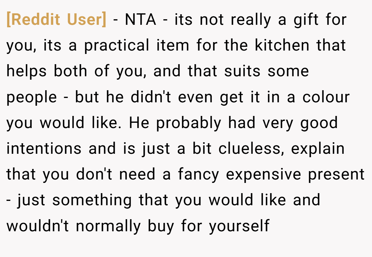 [Reddit User] − NTA - its not really a gift for you, its a practical item for the kitchen that helps both of you, and that suits some people - but he didn't even get it in a colour you would like. He probably had very good intentions and is just a bit clueless, explain that you don't need a fancy expensive present - just something that you would like and wouldn't normally buy for yourself