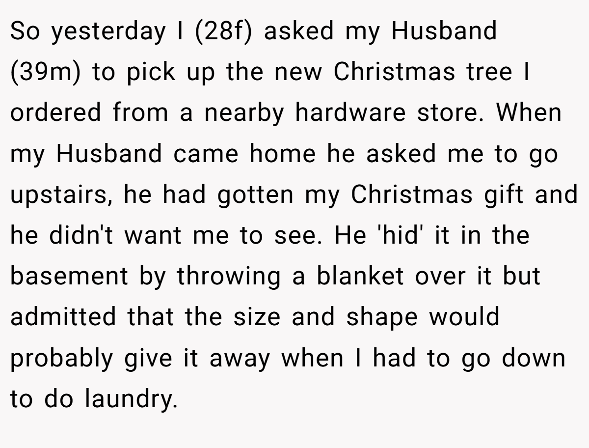 So yesterday I (28f) asked my Husband (39m) to pick up the new Christmas tree I ordered from a nearby hardware store. When my Husband came home he asked me to go upstairs, he had gotten my Christmas gift and he didn't want me to see. He 'hid' it in the basement by throwing a blanket over it but admitted that the size and shape would probably give it away when I had to go down to do laundry.