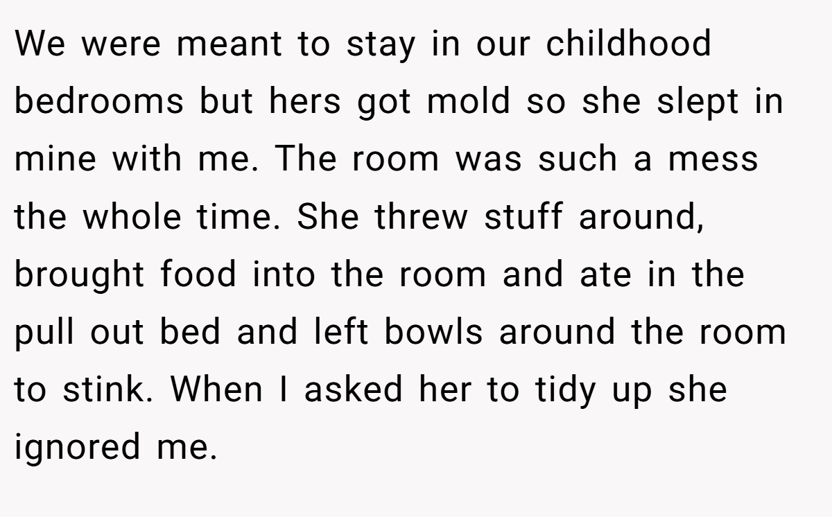 We were meant to stay in our childhood bedrooms but hers got mold so she slept in mine with me. The room was such a mess the whole time. She threw stuff around, brought food into the room and ate in the pull out bed and left bowls around the room to stink. When I asked her to tidy up she ignored me.