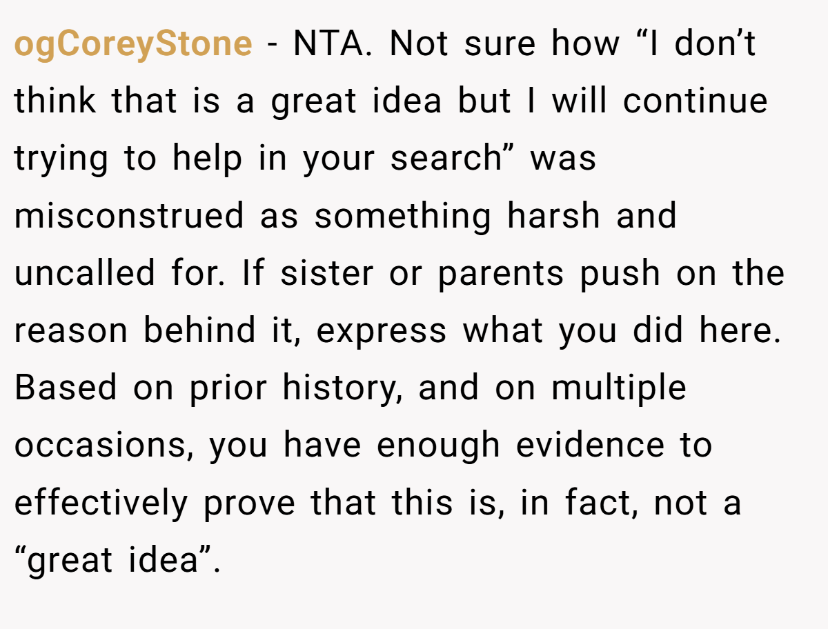 ogCoreyStone − NTA. Not sure how “I don’t think that is a great idea but I will continue trying to help in your search” was misconstrued as something harsh and uncalled for. If sister or parents push on the reason behind it, express what you did here. Based on prior history, and on multiple occasions, you have enough evidence to effectively prove that this is, in fact, not a “great idea”.