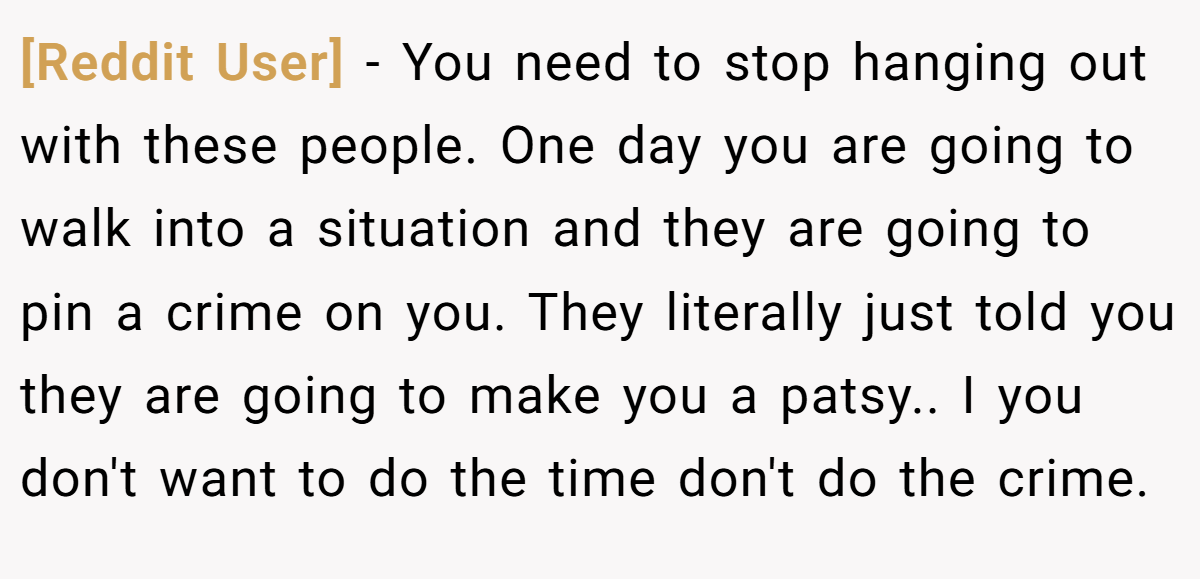 [Reddit User] − You need to stop hanging out with these people. One day you are going to walk into a situation and they are going to pin a crime on you. They literally just told you they are going to make you a patsy.. I you don't want to do the time don't do the crime.