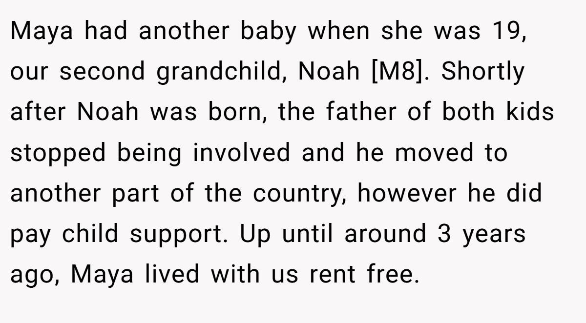 Maya had another baby when she was 19, our second grandchild, Noah [M8]. Shortly after Noah was born, the father of both kids stopped being involved and he moved to another part of the country, however he did pay child support. Up until around 3 years ago, Maya lived with us rent free.