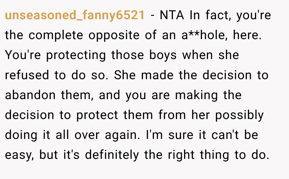 unseasoned_fanny6521 − NTA In fact, you're the complete opposite of an a**hole, here. You're protecting those boys when she refused to do so. She made the decision to abandon them, and you are making the decision to protect them from her possibly doing it all over again. I'm sure it can't be easy, but it's definitely the right thing to do.