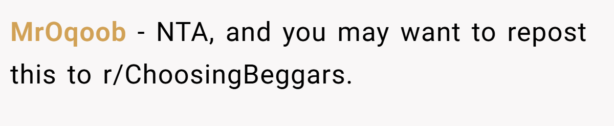 MrOqoob − NTA, and you may want to repost this to r/ChoosingBeggars.