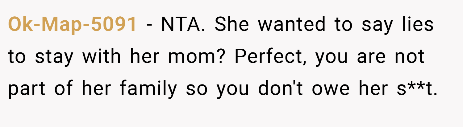 Ok-Map-5091 − NTA. She wanted to say lies to stay with her mom? Perfect, you are not part of her family so you don't owe her s**t.