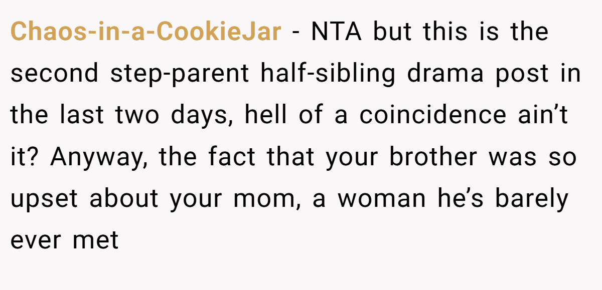 Chaos-in-a-CookieJar − NTA but this is the second step-parent half-sibling drama post in the last two days, hell of a coincidence ain’t it? Anyway, the fact that your brother was so upset about your mom, a woman he’s barely ever met