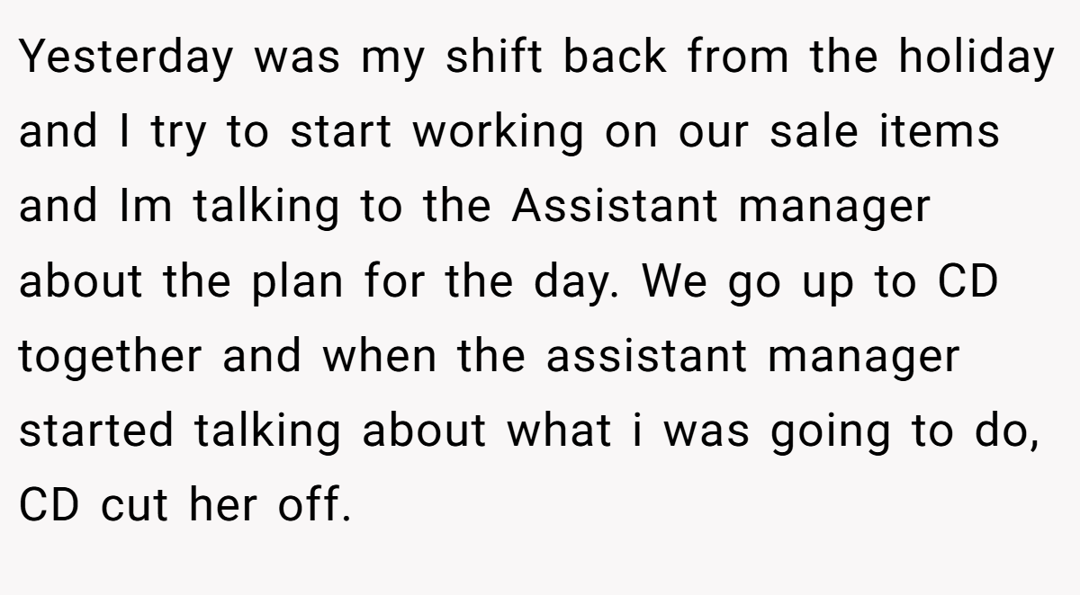 Yesterday was my shift back from the holiday and I try to start working on our sale items and Im talking to the Assistant manager about the plan for the day. We go up to CD together and when the assistant manager started talking about what i was going to do, CD cut her off.