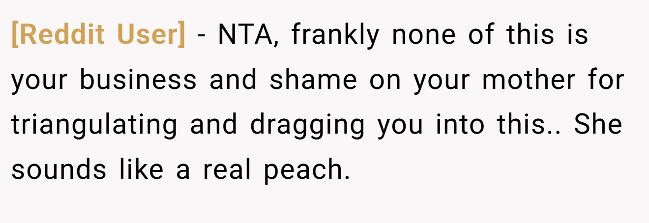 [Reddit User] − NTA, frankly none of this is your business and shame on your mother for triangulating and dragging you into this.. She sounds like a real peach.