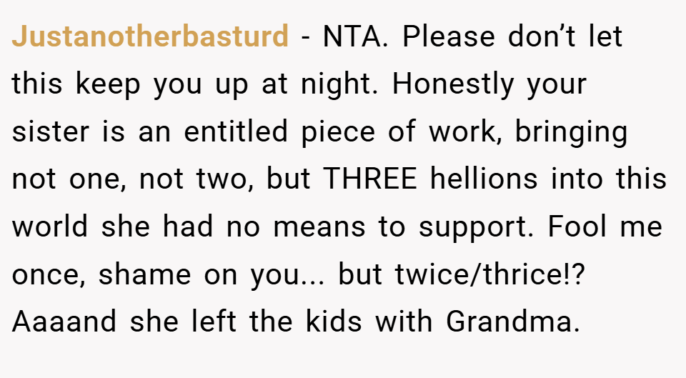 Justanotherbasturd − NTA. Please don’t let this keep you up at night. Honestly your sister is an entitled piece of work, bringing not one, not two, but THREE hellions into this world she had no means to support. Fool me once, shame on you... but twice/thrice!? Aaaand she left the kids with Grandma.