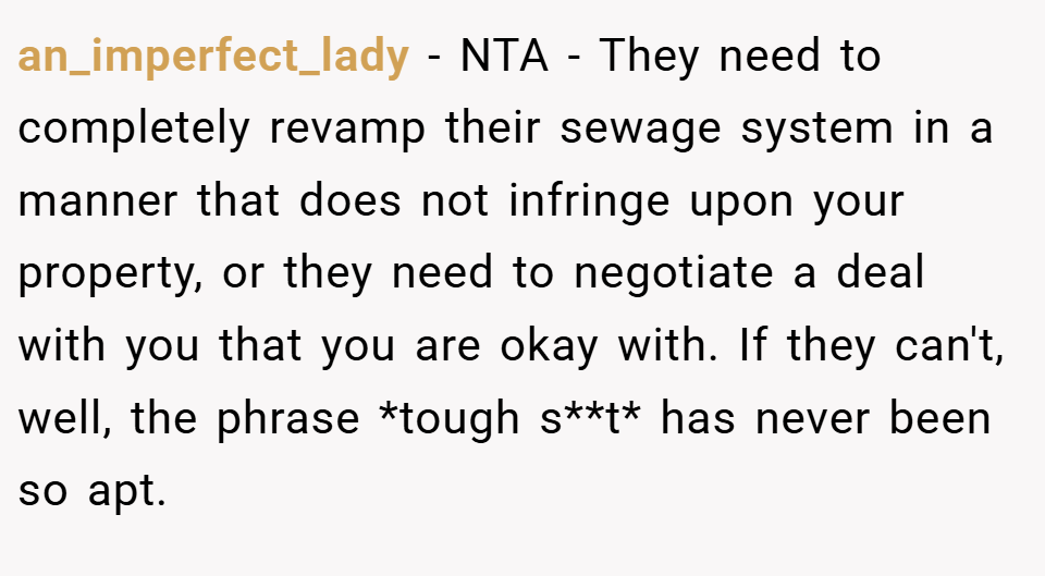 an_imperfect_lady − NTA - They need to completely revamp their sewage system in a manner that does not infringe upon your property, or they need to negotiate a deal with you that you are okay with. If they can't, well, the phrase *tough s**t* has never been so apt.