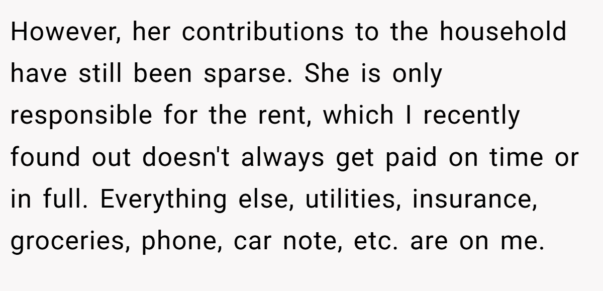 However, her contributions to the household have still been sparse. She is only responsible for the rent, which I recently found out doesn't always get paid on time or in full. Everything else, utilities, insurance, groceries, phone, car note, etc. are on me.