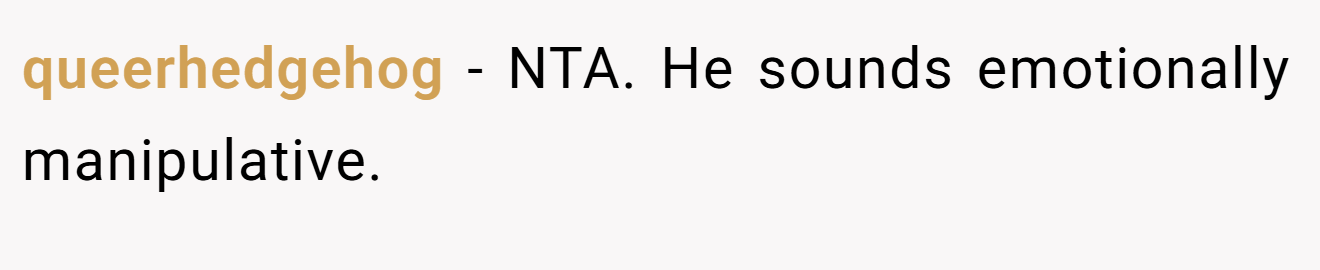 queerhedgehog − NTA. He sounds emotionally manipulative.