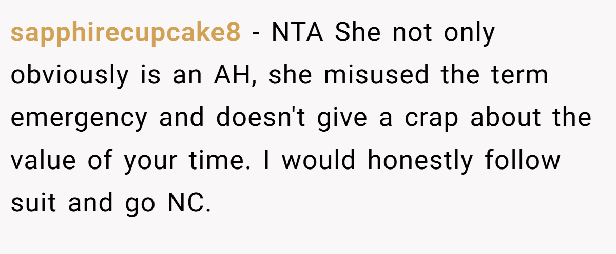 sapphirecupcake8 − NTA She not only obviously is an AH, she misused the term emergency and doesn't give a crap about the value of your time. I would honestly follow suit and go NC.