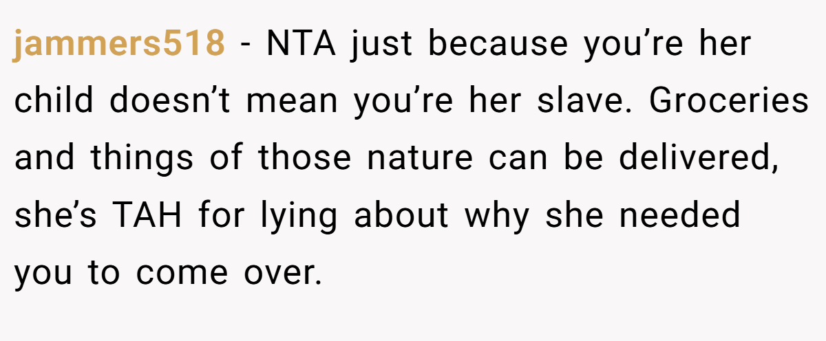 jammers518 − NTA just because you’re her child doesn’t mean you’re her slave. Groceries and things of those nature can be delivered, she’s TAH for lying about why she needed you to come over.