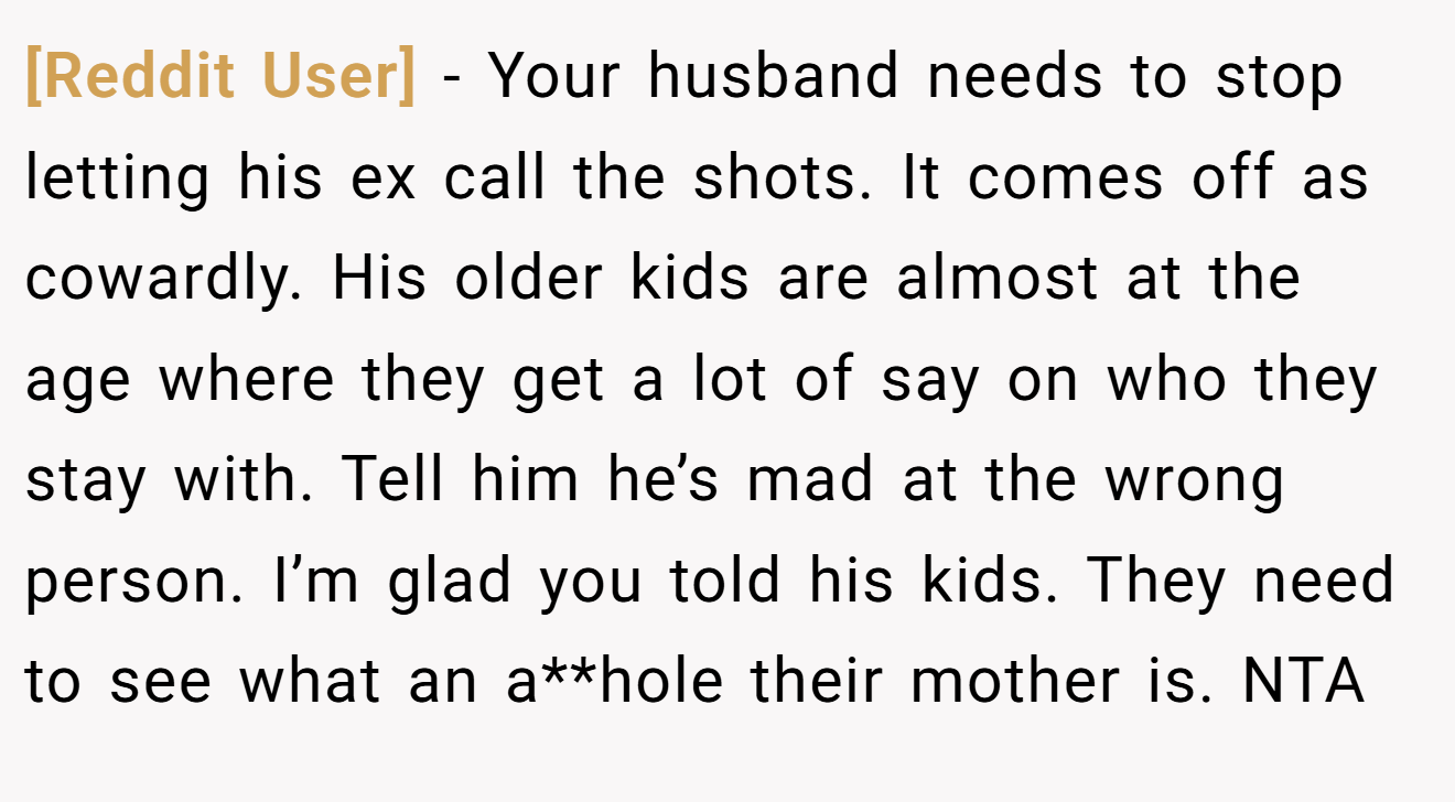 [Reddit User] − Your husband needs to stop letting his ex call the shots. It comes off as cowardly. His older kids are almost at the age where they get a lot of say on who they stay with. Tell him he’s mad at the wrong person. I’m glad you told his kids. They need to see what an a**hole their mother is. NTA