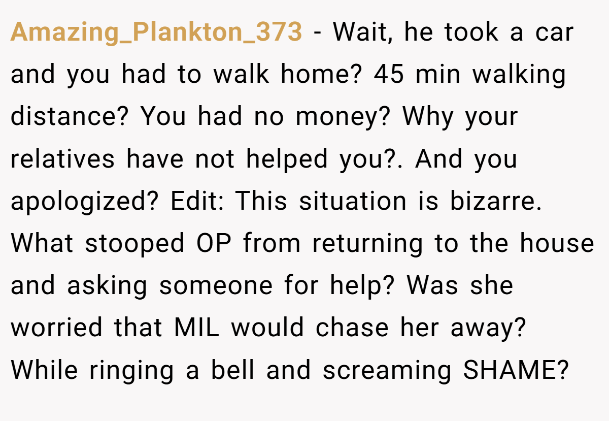 Amazing_Plankton_373 − Wait, he took a car and you had to walk home? 45 min walking distance? You had no money? Why your relatives have not helped you?. And you apologized? Edit: This situation is bizarre. What stooped OP from returning to the house and asking someone for help? Was she worried that MIL would chase her away? While ringing a bell and screaming SHAME?
