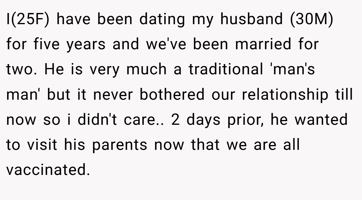 I(25F) have been dating my husband (30M) for five years and we've been married for two. He is very much a traditional 'man's man' but it never bothered our relationship till now so i didn't care.. ​2 days prior, he wanted to visit his parents now that we are all vaccinated.