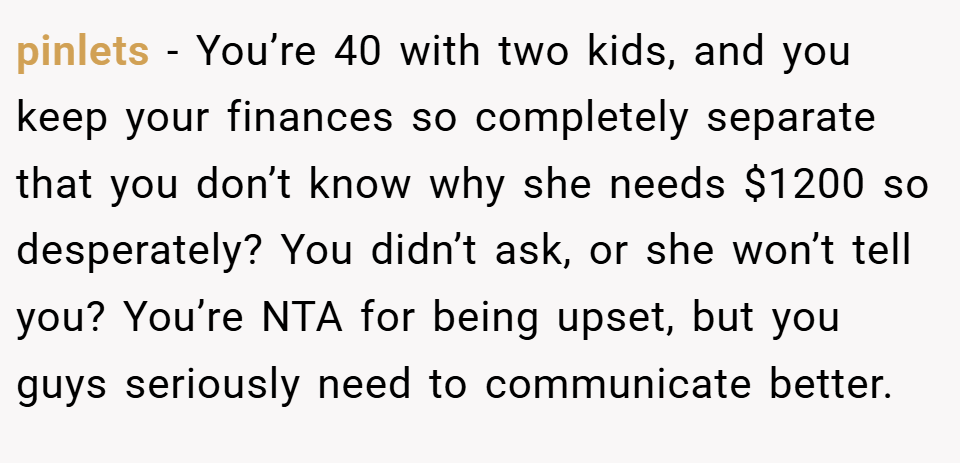 pinlets − You’re 40 with two kids, and you keep your finances so completely separate that you don’t know why she needs $1200 so desperately? You didn’t ask, or she won’t tell you? You’re NTA for being upset, but you guys seriously need to communicate better.