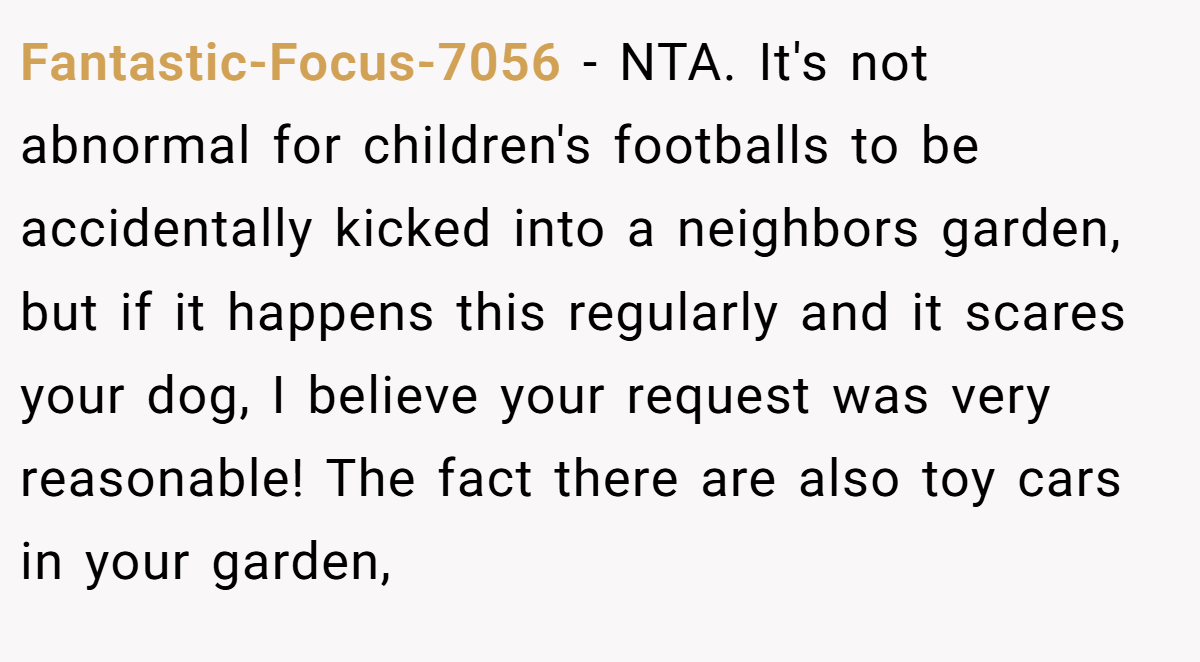 Fantastic-Focus-7056 − NTA. It's not abnormal for children's footballs to be accidentally kicked into a neighbors garden, but if it happens this regularly and it scares your dog, I believe your request was very reasonable! The fact there are also toy cars in your garden,