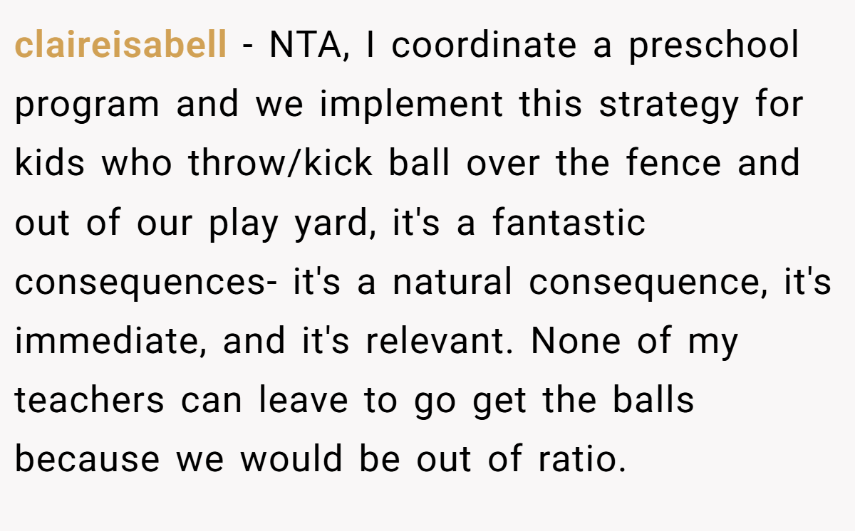 claireisabell − NTA, I coordinate a preschool program and we implement this strategy for kids who throw/kick ball over the fence and out of our play yard, it's a fantastic consequences- it's a natural consequence, it's immediate, and it's relevant. None of my teachers can leave to go get the balls because we would be out of ratio.