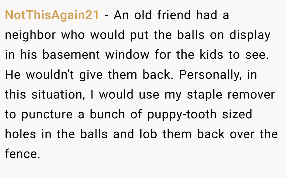 NotThisAgain21 − An old friend had a neighbor who would put the balls on display in his basement window for the kids to see. He wouldn't give them back. Personally, in this situation, I would use my staple remover to puncture a bunch of puppy-tooth sized holes in the balls and lob them back over the fence.