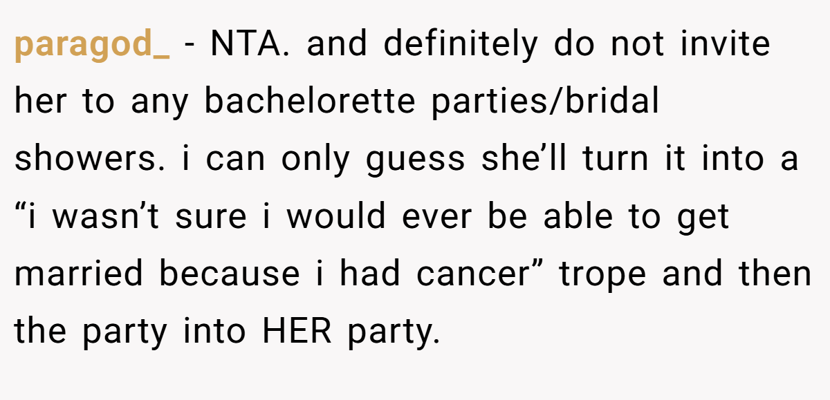paragod_ − NTA. and definitely do not invite her to any bachelorette parties/bridal showers. i can only guess she’ll turn it into a “i wasn’t sure i would ever be able to get married because i had cancer” trope and then the party into HER party.