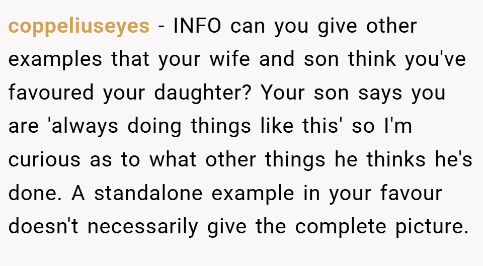 coppeliuseyes − INFO can you give other examples that your wife and son think you've favoured your daughter? Your son says you are 'always doing things like this' so I'm curious as to what other things he thinks he's done. A standalone example in your favour doesn't necessarily give the complete picture.