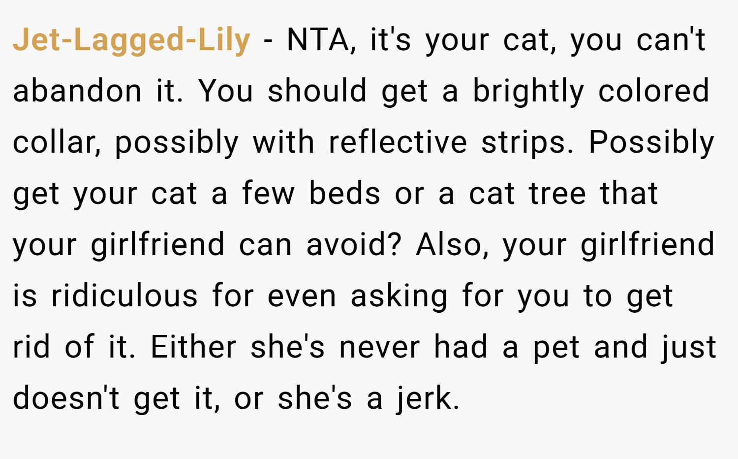 Jet-Lagged-Lily − NTA, it's your cat, you can't abandon it. You should get a brightly colored collar, possibly with reflective strips. Possibly get your cat a few beds or a cat tree that your girlfriend can avoid? Also, your girlfriend is ridiculous for even asking for you to get rid of it. Either she's never had a pet and just doesn't get it, or she's a jerk.