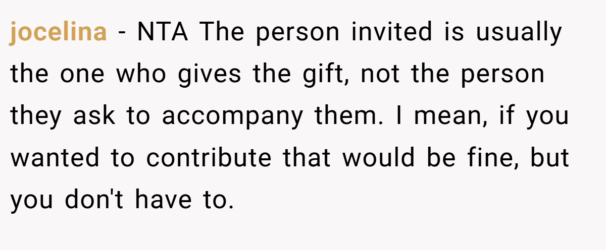 jocelina − NTA The person invited is usually the one who gives the gift, not the person they ask to accompany them. I mean, if you wanted to contribute that would be fine, but you don't have to.