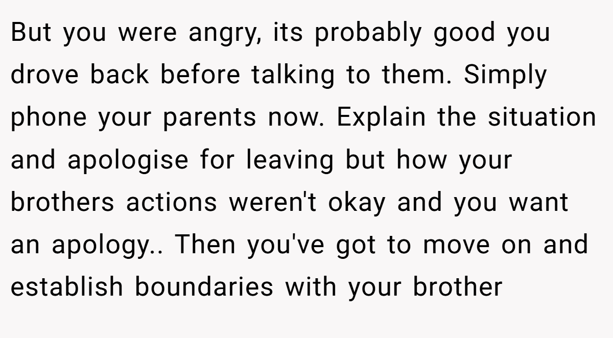 But you were angry, its probably good you drove back before talking to them. Simply phone your parents now. Explain the situation and apologise for leaving but how your brothers actions weren't okay and you want an apology.. Then you've got to move on and establish boundaries with your brother