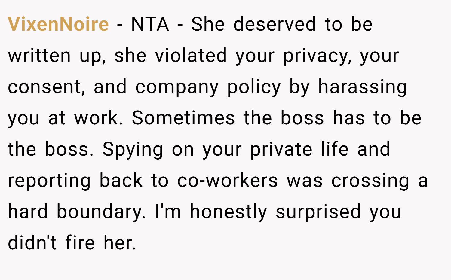 VixenNoire − NTA - She deserved to be written up, she violated your privacy, your consent, and company policy by harassing you at work. Sometimes the boss has to be the boss. Spying on your private life and reporting back to co-workers was crossing a hard boundary. I'm honestly surprised you didn't fire her.