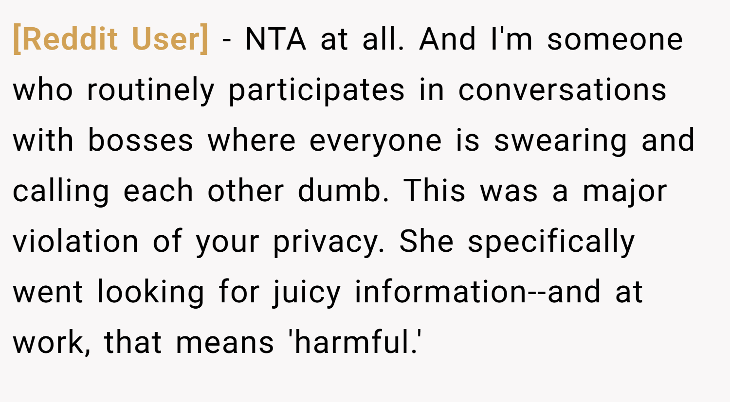 [Reddit User] − NTA at all. And I'm someone who routinely participates in conversations with bosses where everyone is swearing and calling each other dumb. This was a major violation of your privacy. She specifically went looking for juicy information--and at work, that means 'harmful.'